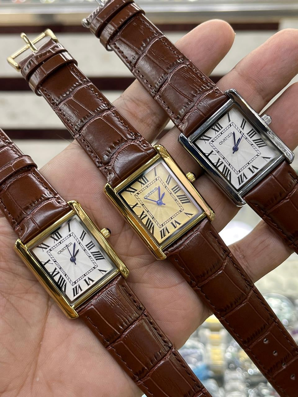 Cartier Style Rectangular Analog Watch for Men – Brown Leather Strap | Quartz Wrist Watch - Golden