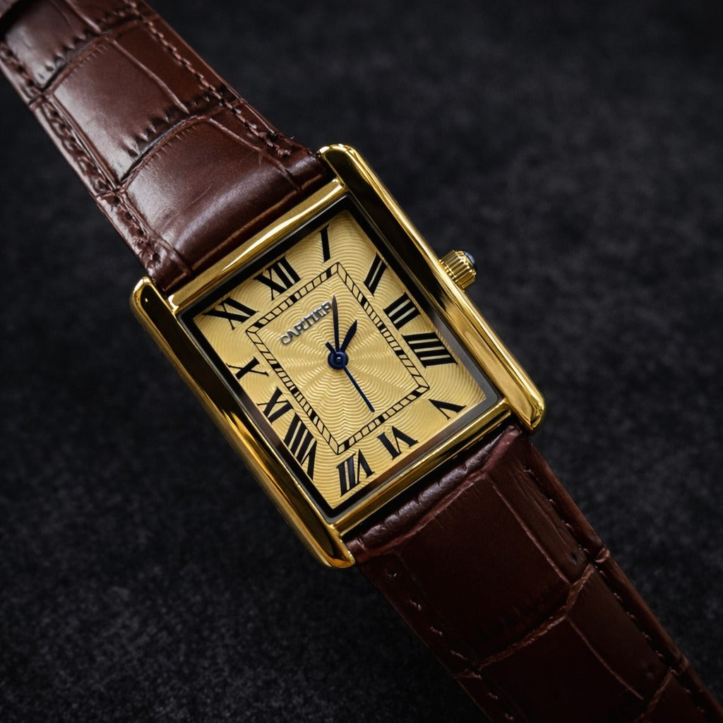 Cartier Style Rectangular Analog Watch for Men – Brown Leather Strap | Quartz Wrist Watch - Golden
